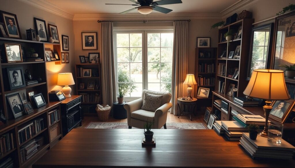 family photos in home office