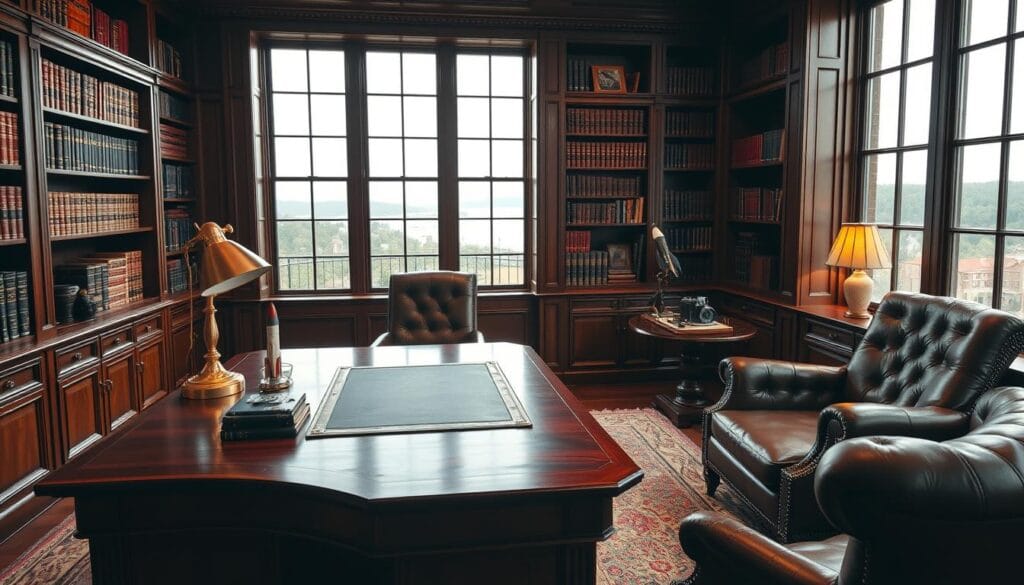masculine office design with hobby elements