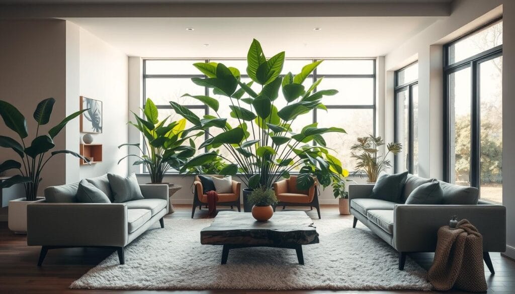 modern home decor with oversized greenery