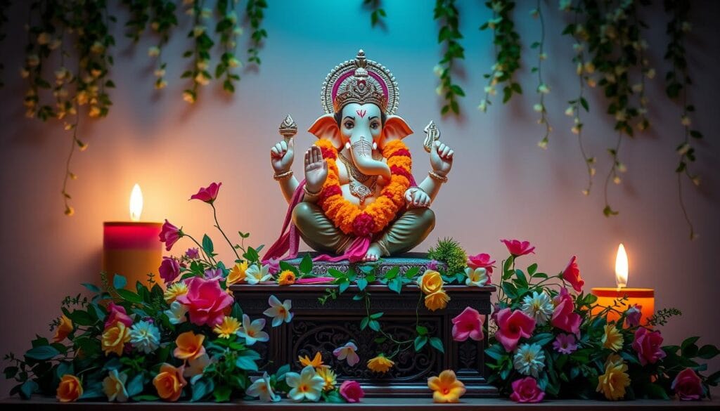 traditional ganpati decoration with flowers