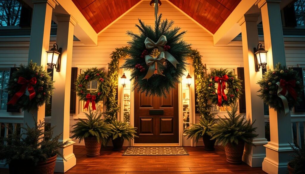 A beautifully crafted front porch adorned with captivating seasonal wreaths, bathed in the warm glow of soft, diffused lighting. The wreaths, meticulously crafted from a rich blend of evergreens, berries, and delicate ribbons, hang gracefully from the porch's sturdy beams, exuding a timeless elegance. The porch's classic architecture and well-maintained wooden planks create a welcoming and inviting atmosphere, inviting passersby to step inside and experience the charm of the holiday season. A wide-angle lens captures the scene, allowing the viewer to fully immerse themselves in the cozy, festive ambiance.