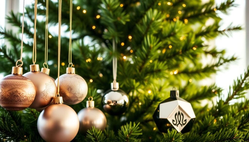 A beautifully curated arrangement of vintage-inspired modern holiday ornaments gracefully adorning a lush, evergreen setting. In the foreground, an elegant mix of spherical glass baubles in muted metallic tones, adorned with intricate patterns, hang from delicate golden threads. The middle ground features a cluster of minimalist, geometric ornaments in sleek chrome and matte black, casting soft, diffused reflections. In the background, a verdant, oversized evergreen tree frames the scene, its branches heavy with a sprinkling of twinkling fairy lights, creating a warm, cozy ambiance. Soft, natural lighting filters through the windows, casting a gentle glow and highlighting the harmony of modern and vintage elements.