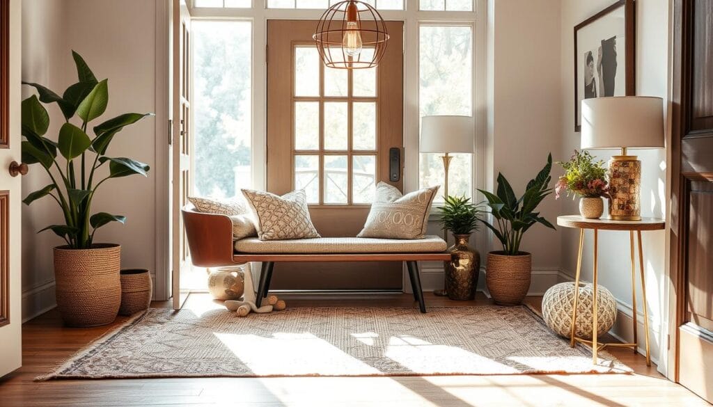 A beautifully curated entryway adorned with a patterned, handwoven rug in muted earth tones. The rug's intricate geometric design sets the tone, complemented by a mid-century modern bench with sleek, tapered legs. Hanging above, an eye-catching pendant light casts a warm, ambient glow, its brass frame echoing the metallic accents of a nearby table lamp. Potted plants and a decorative vase add lush, natural elements, creating a harmonious, inviting atmosphere. Sunlight streams through the doorway, illuminating the space and highlighting the depth and texture of the carefully selected decor. The overall aesthetic is one of sophisticated style and personal charm, welcoming visitors into this thoughtfully designed entryway.