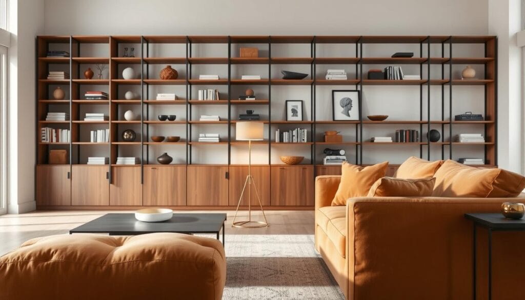 A beautifully curated living room scene showcasing a delicate balance of furniture scale. In the foreground, a plush, oversized armchair anchors the space, its soft cushions and warm tones inviting relaxation. Positioned alongside, a sleek, low-profile coffee table provides a harmonious counterpoint, its minimalist design allowing the chair to take center stage. In the middle ground, a tall, slender floor lamp casts a gentle, diffused glow, illuminating the room with a cozy ambiance. The background features a large, wall-mounted shelving unit, its varying shelf heights and depths creating a visually striking yet balanced arrangement of decorative accents and books. Soft, natural lighting filters in through large windows, further enhancing the serene, well-proportioned atmosphere.