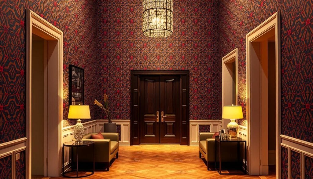 A boldly patterned wallpaper adorns the entryway, creating a vibrant and captivating first impression. The design features a striking geometric motif in a rich color palette, drawing the eye inward. Warm, directional lighting illuminates the space, casting soft shadows that add depth and dimension. Sleek, minimalist furniture and decor pieces complement the wallpaper, allowing it to take center stage. The entryway exudes a sense of sophisticated elegance, inviting visitors to step into a world of refined style and visual intrigue.