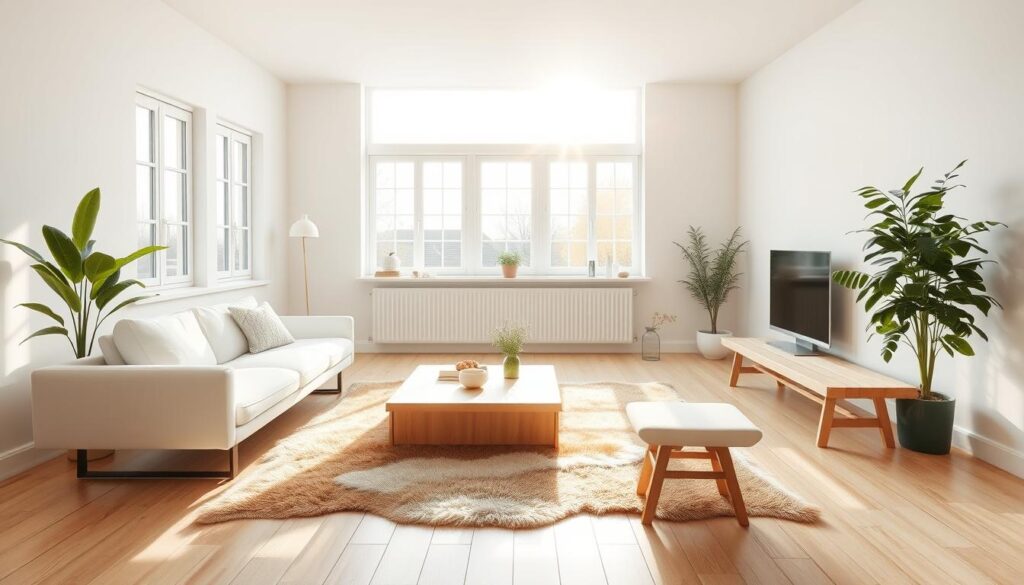 A bright, airy Scandinavian living room flooded with warm, natural light streaming through large windows. Clean, minimalist lines define the modern, Nordic-inspired furniture - a sleek white sofa, a low wooden coffee table, and a simple wooden bench. The walls are painted in a soft, muted tone, complementing the light wood floors. A large potted plant in the corner adds a touch of greenery, while a sheepskin rug adds texture and coziness. The overall atmosphere is one of simplicity, serenity, and refined elegance.