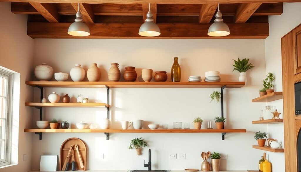 A bright, airy kitchen with an open shelving display showcasing a variety of decorative items. The shelves are constructed from natural wood, with a rustic yet refined aesthetic. Carefully curated items such as ceramic vases, glass jars, and potted plants create a visually appealing and functional storage solution. Warm, directional lighting from above casts a soft glow, highlighting the textures and colors of the displayed objects. The overall scene conveys a sense of simplicity, organization, and a welcoming, homey atmosphere.