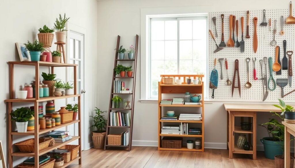 A bright, airy room with a mix of DIY storage solutions. In the foreground, a rustic wooden shelving unit displays an array of colorful baskets, jars, and potted plants. In the middle ground, a repurposed ladder leans against the wall, its steps holding neatly organized books and small decor items. The background features a large window that floods the space with natural light, highlighting a pegboard wall with creatively hung tools, utensils, and other household items. The overall mood is one of creativity, organization, and a touch of farmhouse charm.