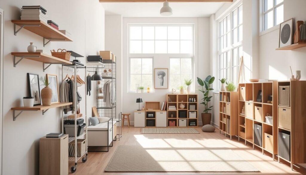 A bright, airy room with natural light filtering through large windows. In the foreground, various clever storage solutions are neatly arranged - floating shelves, wall-mounted racks, and compact modular units. The middle ground showcases a mix of decorative and functional items, creating a harmonious balance. The background features minimalist furniture and decor, allowing the storage solutions to take center stage. The overall atmosphere is one of intentional organization, showcasing how small spaces can be maximized through thoughtful and visually appealing storage choices.