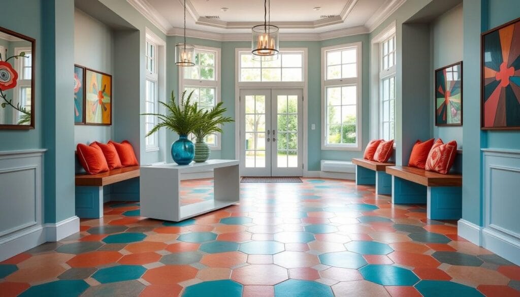 A bright, inviting entryway with a vibrant color palette that draws the eye. In the foreground, a stunning hexagonal tile floor in shades of turquoise and coral. Midground features a sleek, modern console table with an abstract vase and lush greenery. Wooden bench seating lines the walls, accented by plush pillows in complementary hues. Pendant lighting casts a warm, ambient glow, illuminating the space. Large windows in the background allow natural light to flood the area, creating an airy, welcoming atmosphere. The entire scene conveys a sense of refined elegance and comfort, setting the tone for the rest of the home.