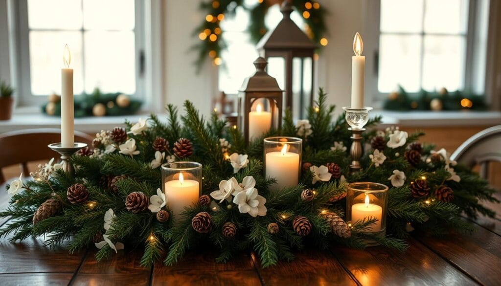 A centerpiece of festive holiday charm, adorned with a mix of natural elements and twinkling lights. In the foreground, a rustic wooden table is set with a lush garland of evergreen boughs, pinecones, and delicate white flowers. Candles in elegant glass holders cast a warm, cozy glow across the scene. In the middle ground, a vintage-inspired lantern sits amidst the greenery, its soft light reflecting off the polished tabletop. The background features a large window, allowing natural daylight to stream in and highlighting the seasonal accents. The overall atmosphere is one of inviting elegance, perfect for a holiday gathering in the kitchen or dining room.