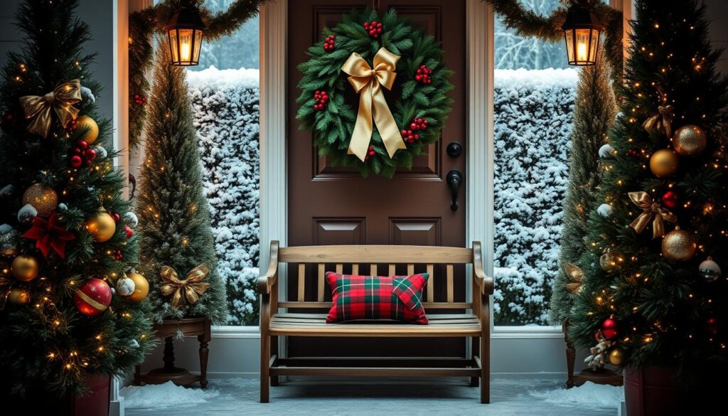A charming and festive front door adorned with an array of holiday decor. In the foreground, a lush evergreen wreath adorned with vibrant red berries and a shimmering golden bow hangs proudly. Flanking the entrance, two tall, slender Christmas trees stand tall, their branches covered in twinkling string lights that cast a warm, inviting glow. In the middle ground, a classic wooden bench is positioned, its surface decorated with a plush red and green holiday-themed cushion. The background features a neatly trimmed hedgerow, blanketed in a fresh layer of pristine white snow, creating a serene, picturesque winter scene. The lighting is soft and diffused, evoking a cozy, inviting atmosphere perfect for the holiday season.