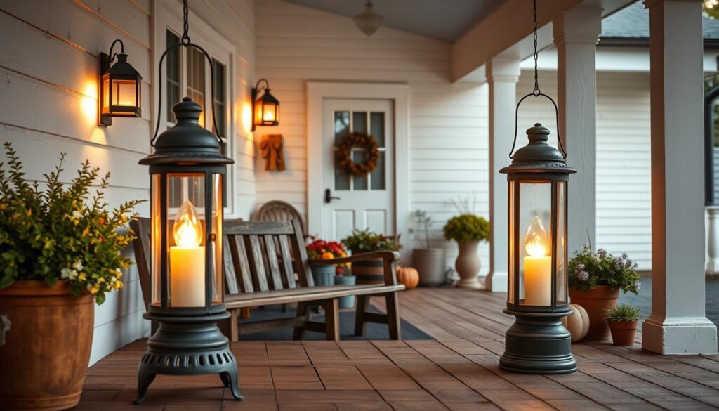 A charming farmhouse porch, adorned with rustic lanterns that cast a warm, cozy glow. In the foreground, a weathered wooden bench sits nestled between two vintage-style lanterns, their soft light reflecting off the porch's worn floorboards. In the middle ground, a collection of potted plants and seasonal decor add pops of color and texture, complementing the natural, earthy tones of the porch. The background showcases the inviting facade of the farmhouse, its whitewashed siding and classic architectural details creating a picturesque scene. The overall mood is one of tranquility and old-world charm, perfectly capturing the essence of a cozy, countryside porch.