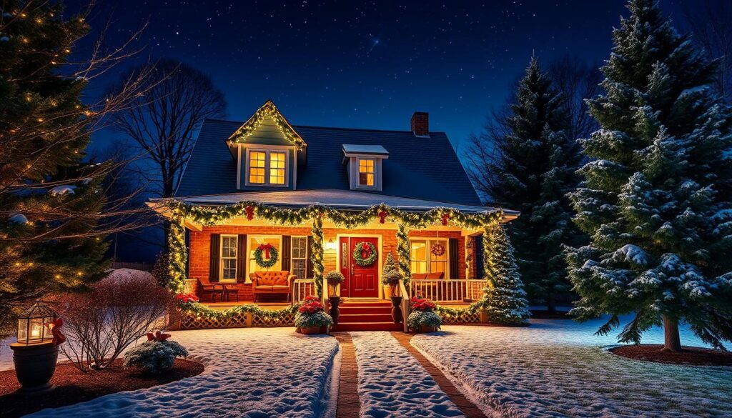 A charming holiday home, its exterior adorned with a dazzling array of twinkling lights. In the foreground, a cozy porch beckons, decorated with festive garlands, wreaths, and potted poinsettias. The middle ground features a beautifully lit pathway, lined with towering evergreen trees and a snow-dusted lawn. In the background, a starry night sky sets the stage for this enchanting winter wonderland. The warm glow of the home's windows and the soft hues of the holiday decor create a welcoming, magical atmosphere, inviting viewers to step into the joyous spirit of the season.