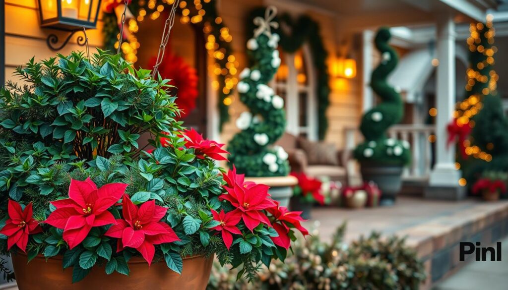 A charming holiday planter display, adorned with a lush garland, vibrant poinsettias, and a whimsical topiary. The foreground features a terracotta planter, overflowing with verdant foliage and a pop of crimson petals. In the middle ground, a graceful, sculptural topiary adds a touch of elegance, its evergreen boughs accented by delicate white flowers. The background showcases a cozy, inviting porch, bathed in warm, golden lighting that creates a festive, cozy atmosphere. Captured with a wide-angle lens, the scene exudes a sense of holiday cheer and natural beauty, perfect for enhancing a small backyard Christmas decor.