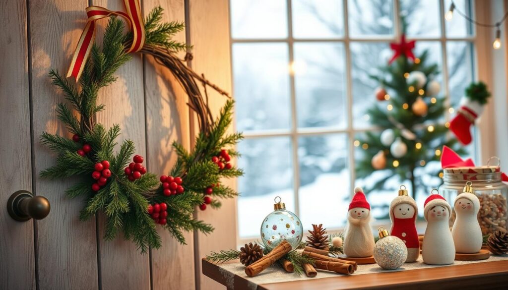 A cheerful, homemade Christmas scene featuring a rustic DIY wreath and an assortment of handcrafted ornaments. In the foreground, the wreath hangs on a weathered wooden door, adorned with pine branches, red berries, and a festive ribbon. On a nearby table, an array of handpainted glass ornaments, natural elements like pinecones and cinnamon sticks, and a pair of whimsical handmade figurines create a cozy, DIY-inspired vignette. Soft, warm lighting illuminates the scene, casting a welcoming glow. The background features a snowy, winter landscape visible through a large window, adding to the charming, seasonal ambiance.