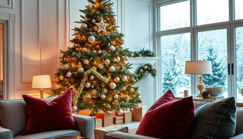 A chic, cozy living room with a beautifully decorated Christmas tree in the center, adorned with shimmering ornaments, twinkling lights, and a touch of gold. Elegant garlands drape across the fireplace mantel, punctuated by clusters of pinecones and sprigs of holly. Plush velvet pillows in rich jewel tones add a luxurious touch to the room, while a warm, soft glow from a nearby table lamp creates a inviting ambiance. In the background, a large window offers a glimpse of a snowy, winter wonderland outside, adding to the festive atmosphere. The overall scene conveys a sense of sophisticated holiday charm and elevated, yet accessible, home decor.