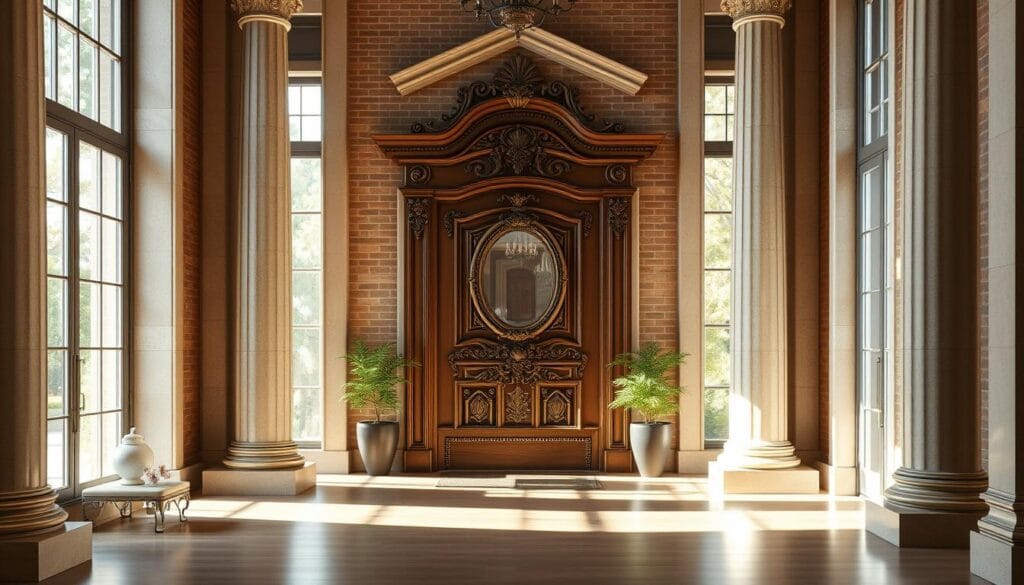 A classic, timeless entryway featuring a grand, ornate wooden door with intricate carvings, set in a stately stone or brick facade. The door is flanked by tall, elegant columns supporting a classic pediment or architectural detail. Sunlight streams in through large windows on either side, casting a warm, inviting glow. The floor is paved with gleaming hardwood or timeless tile in a neutral, sophisticated pattern. A simple, yet sophisticated console table or bench sits beneath an ornate mirror, creating a sense of balance and symmetry. Potted plants or a small, sculptural accent piece complete the welcoming, harmonious scene, exuding an air of refined elegance and enduring style.