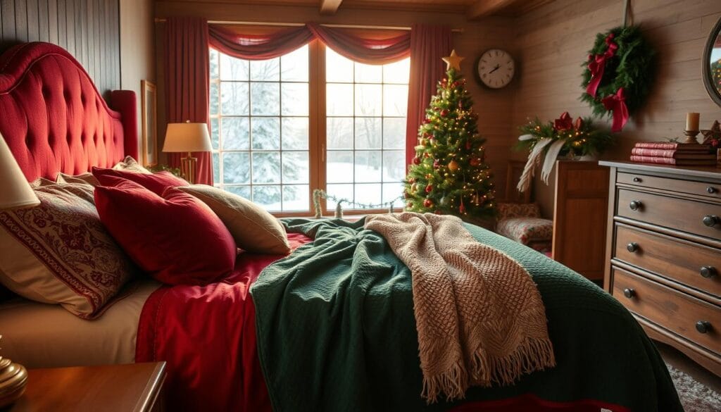 A cozy Christmas bedroom, bathed in a soft, golden glow. In the foreground, plush velvet and chenille textiles in deep crimson and forest green hues adorn the bed, creating a luxurious and inviting focal point. Textured throws and pillows with intricate patterns add layers of warmth and coziness. In the middle ground, a fluffy rug in a neutral tone complements the rich textiles, while a wooden dresser with brass hardware adds a touch of rustic elegance. The background features a large window, letting in the gentle winter light and revealing a snow-covered landscape outside, evoking a sense of tranquility and serenity. The overall atmosphere is one of comfort, festivity, and holiday cheer.