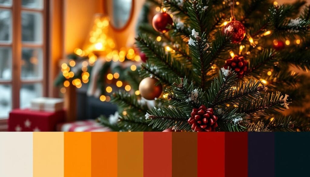 A cozy Christmas color palette with warm, festive hues. In the foreground, a vibrant crimson red and a rich, velvety evergreen. In the middle, accents of gold, bronze, and touches of white like freshly fallen snow. In the background, a soft, glowing amber and a deep, indigo blue, creating a sense of depth and harmony. The lighting is a mix of natural daylight and soft, twinkling holiday lights, casting a magical, inviting glow. The overall atmosphere is one of holiday cheer, comfort, and a touch of luxurious elegance.