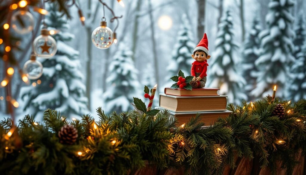 A cozy Christmas elf's nook, nestled amidst a whimsical forest backdrop. In the foreground, delicate glass ornaments and twinkling fairy lights adorn a lush, verdant garland draped over a rustic wooden mantelpiece. Midground showcases an enchanting elf figurine, perched atop a stack of old storybooks, surrounded by sprigs of holly and pinecones. The background reveals a serene winter wonderland, with snow-capped evergreens and a faint glow of moonlight peeking through. Warm, soft lighting casts a magical ambiance, evoking a sense of festive charm and holiday wonder.