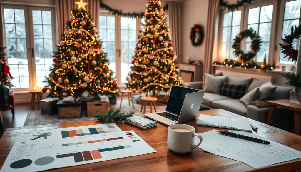 A cozy Christmas living room with a stunning tree as the focal point, adorned with twinkling lights, ornaments, and festive garlands. In the foreground, a well-organized holiday decor planning spread, including a mood board, color swatches, and sketches of potential decorative elements. The middle ground features a wooden desk with a laptop, notes, and a mug of hot cocoa, creating a warm and productive atmosphere. The background showcases a snowy winter landscape visible through large windows, adding to the serene and festive ambiance. Soft, diffused lighting casts a warm glow throughout the scene, capturing the essence of a harmonious Christmas decorating plan.