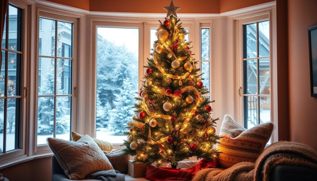 A cozy Christmas tree standing tall in a bay window, bathed in warm, soft lighting. The tree is lush and full, adorned with twinkling lights, shimmering ornaments, and a elegant topper. The window frame provides a picturesque backdrop, showcasing the snowy winter landscape outside. Plush, festive throws and pillows accent the window seat, creating a inviting and charming scene. Subtle reflections of the tree's glow can be seen in the glass, adding a touch of magic. The overall atmosphere is one of holiday cheer, comfort, and tranquility.