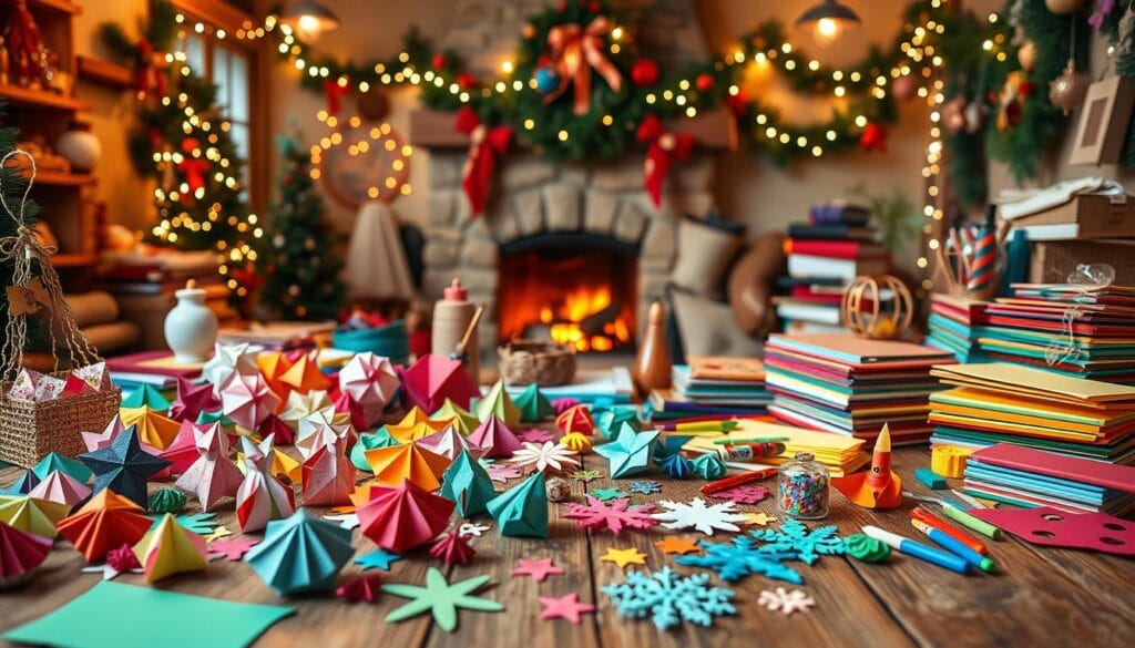 A cozy Christmas workshop filled with an array of vibrant paper crafts. In the foreground, an assortment of colorful origami shapes, paper snowflakes, and festive paper ornaments adorn a rustic wooden table. Midground features a selection of craft supplies, including scissors, glue, markers, and piles of colorful construction paper. The background showcases a warm, inviting environment with twinkling string lights, garlands, and a crackling fireplace, creating a magical and whimsical atmosphere perfect for crafting with kids. Soft, diffused lighting illuminates the scene, capturing the spirit of the holiday season.