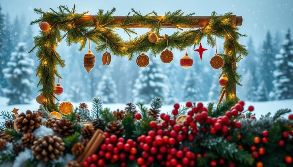 A cozy DIY Christmas tree alternative, with a rustic wooden frame adorned with lush evergreen garlands, twinkling fairy lights, and an array of handcrafted ornaments. In the foreground, a collection of whimsical, nature-inspired decorations, such as pinecones, dried citrus slices, and cinnamon sticks, create a warm and inviting atmosphere. The middle ground features a mesmerizing cascade of vibrant red berries, while the background showcases a serene winter landscape, complete with gently falling snowflakes illuminated by a soft, diffused lighting. The overall scene evokes a sense of homemade charm and holiday spirit, perfect for a cozy, festive celebration.