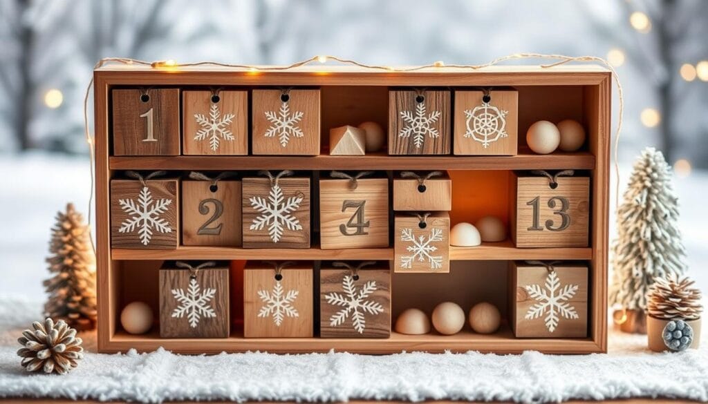 A cozy DIY advent calendar, handcrafted with rustic wooden boxes arranged in a festive grid. Each miniature compartment is adorned with delicate snowflake patterns, inviting the viewer to open and discover hidden treats. Soft, warm lighting casts a soothing glow, complemented by the natural textures of the wood and the gentle backdrop of a snow-dusted winter landscape. The overall scene radiates a sense of homemade charm and the anticipation of the holiday season, perfectly capturing the essence of a unique advent calendar experience.