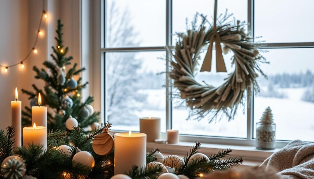 A cozy Scandinavian Christmas scene, showcasing a minimalist yet festive decor. In the foreground, a neatly arranged display of candles, pine sprigs, and a single, meticulously crafted wooden ornament. In the middle ground, a large, natural-looking Christmas wreath adorns the wall, its simple elegance complemented by the warm glow of string lights. The background features a large window, revealing a winter wonderland outside - a snowy landscape bathed in the soft, diffused light of an overcast sky. The overall mood is one of serene, hygge-inspired coziness, inviting the viewer to imagine curling up by the fire with a warm beverage.