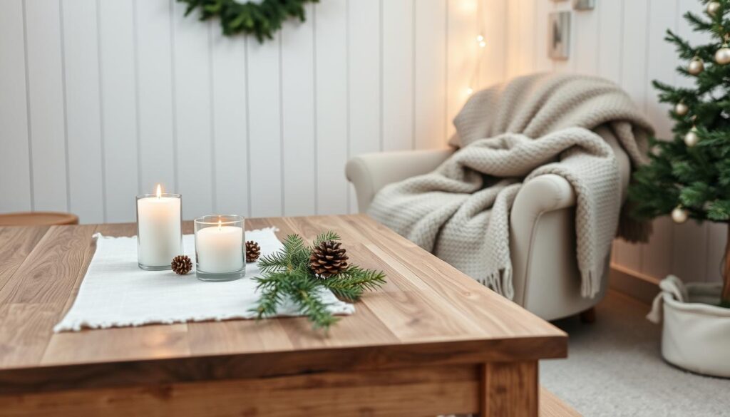 A cozy Scandinavian Christmas scene with a minimalist, natural aesthetic. In the foreground, a wooden table is adorned with a simple white linen runner, sprigs of fresh evergreen, and a single glowing white candle. Atop the table, a few delicate glass ornaments and pinecones create a serene, Nordic-inspired centerpiece. In the middle ground, a large, knitted wool blanket in a neutral tone is draped over a plush armchair, inviting viewers to curl up and relax. The background features pale wooden walls accented with a few small framed prints, casting a soft, warm glow from the gentle lighting. An atmosphere of hygge and simple, refined elegance pervades the space.