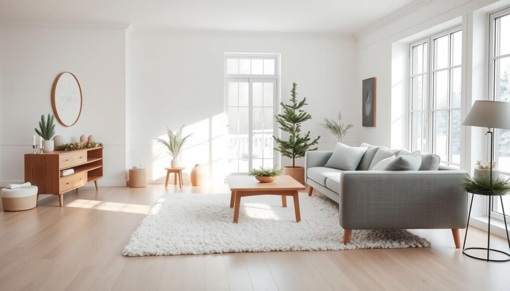 A cozy Scandinavian-inspired living room in a neutral winter palette. A plush white shag rug covers the light hardwood floor, with a low-profile grey linen sofa and matching armchair arranged around a wooden coffee table. The room is bathed in soft, diffused natural light filtering through large windows, reflecting off the crisp white walls and minimalist decor. Subtle holiday touches, like a potted evergreen and twinkling string lights, add a festive yet understated ambiance. The overall mood is serene, calming, and perfectly suited for curling up with a mug of hot cocoa on a snowy day.