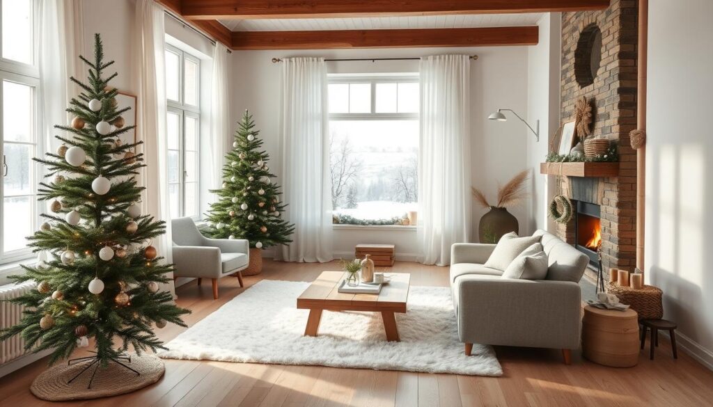 A cozy Scandinavian living room bathed in warm, natural light. In the foreground, a minimalist Christmas tree adorned with simple white and wooden ornaments. Surrounding it, a plush white rug, a low wooden coffee table, and a pair of soft grey armchairs. In the middle ground, a large window overlooking a snowy landscape, framed by sheer white curtains. The background features exposed wooden beams, whitewashed walls, and a simple stone fireplace with a flickering flame. The overall atmosphere is one of calm, understated elegance and hygge.