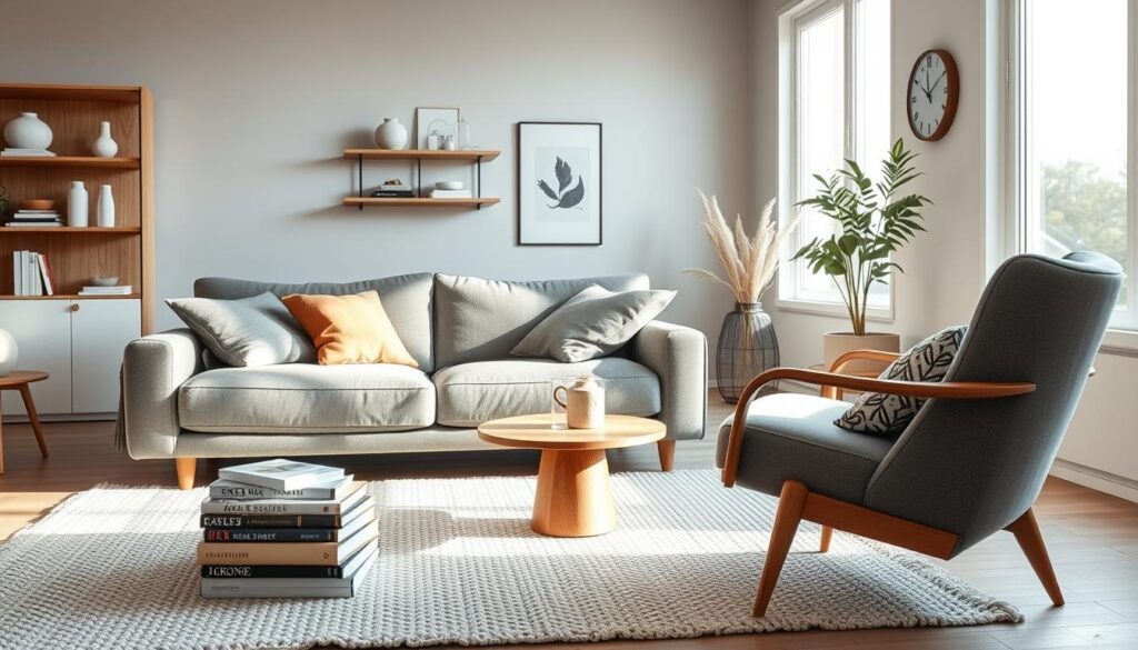 A cozy Scandinavian living room filled with inviting furniture and accessories. In the foreground, a plush gray sofa and a mid-century modern armchair sit atop a textured white rug. On the coffee table, a stack of books, a ceramic vase, and a minimalist candle holder. Along the walls, wooden shelves display sleek Scandinavian-style decor - a delicate glass vase, a ceramic bowl, and a wooden clock. In the background, large windows let in soft, natural light, illuminating the space and creating a warm, hygge atmosphere. The overall scene exudes a sense of simplicity, functionality, and Nordic charm.