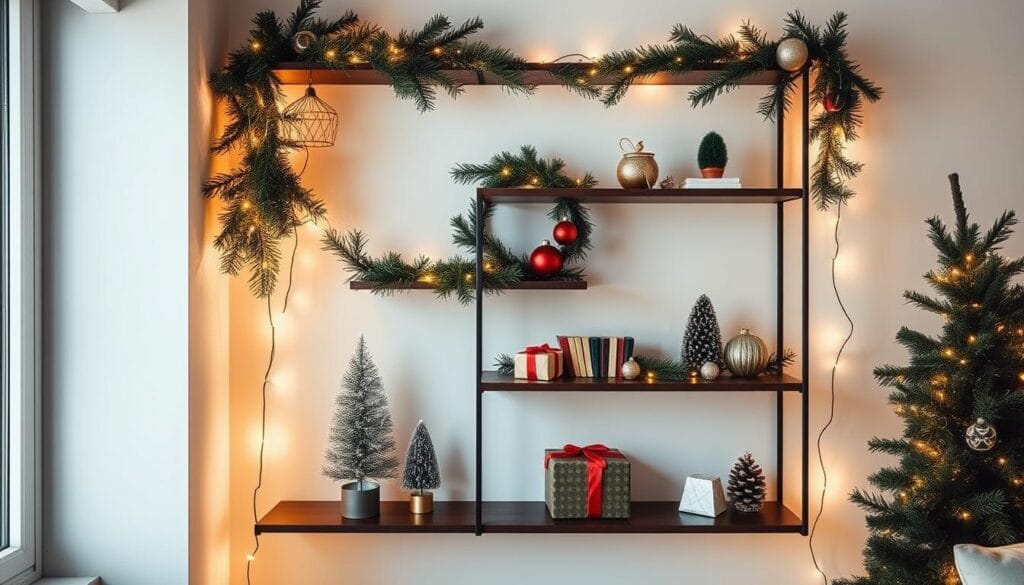A cozy and compact Christmas display, featuring a sleek minimalist shelving unit against a stark white wall. Elegant pine garlands and string lights cascade down the shelves, creating a warm, inviting glow. Compact holiday accents like mini trees, ornaments, and a small wrapped gift tastefully adorn the shelves, maximizing vertical space. The scene is illuminated by soft, natural lighting filtering in from a nearby window, casting subtle shadows and adding depth. The overall atmosphere is one of festive, space-saving cheer, perfectly suited for a small apartment.