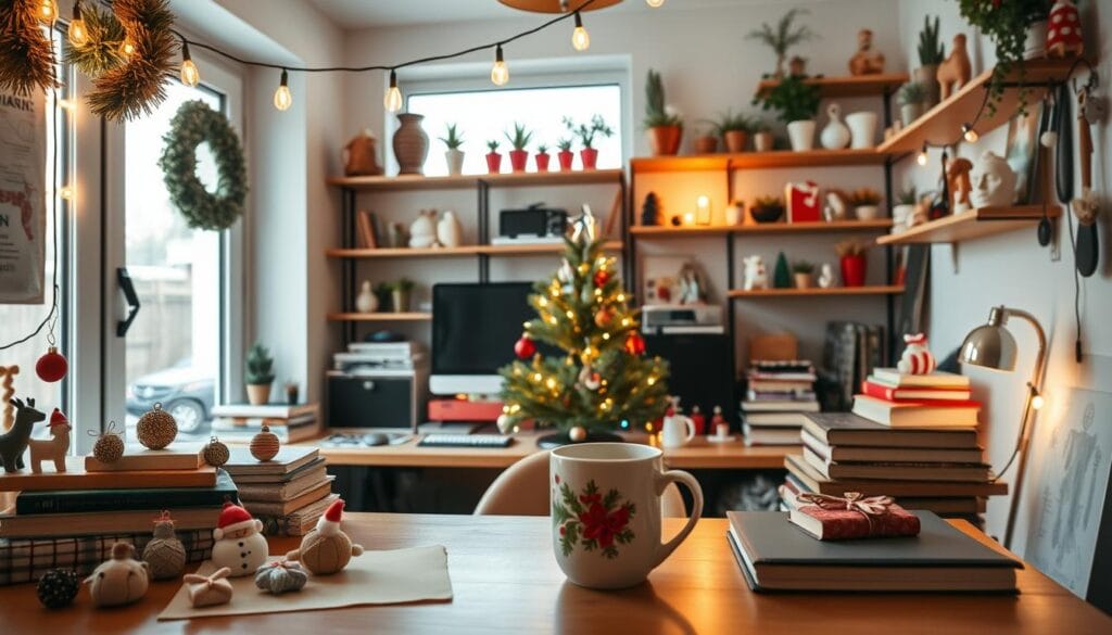 A cozy and creative workspace adorned with whimsical holiday decor. In the foreground, an assortment of handmade ornaments, festive trinkets, and a mug of steaming hot cocoa rest on a neatly organized desk. The middle ground features a small, twinkling Christmas tree nestled among stacks of books and a desktop computer. Warm, diffused lighting from string lights casts a gentle glow, complemented by the natural light filtering in through large windows. In the background, shelves display an eclectic mix of holiday-themed knickknacks, plants, and personal mementos, creating a sense of inspiration and productivity. The overall atmosphere is one of festive productivity, inviting the viewer to imagine themselves crafting unique holiday projects in this charming, yet functional workspace.