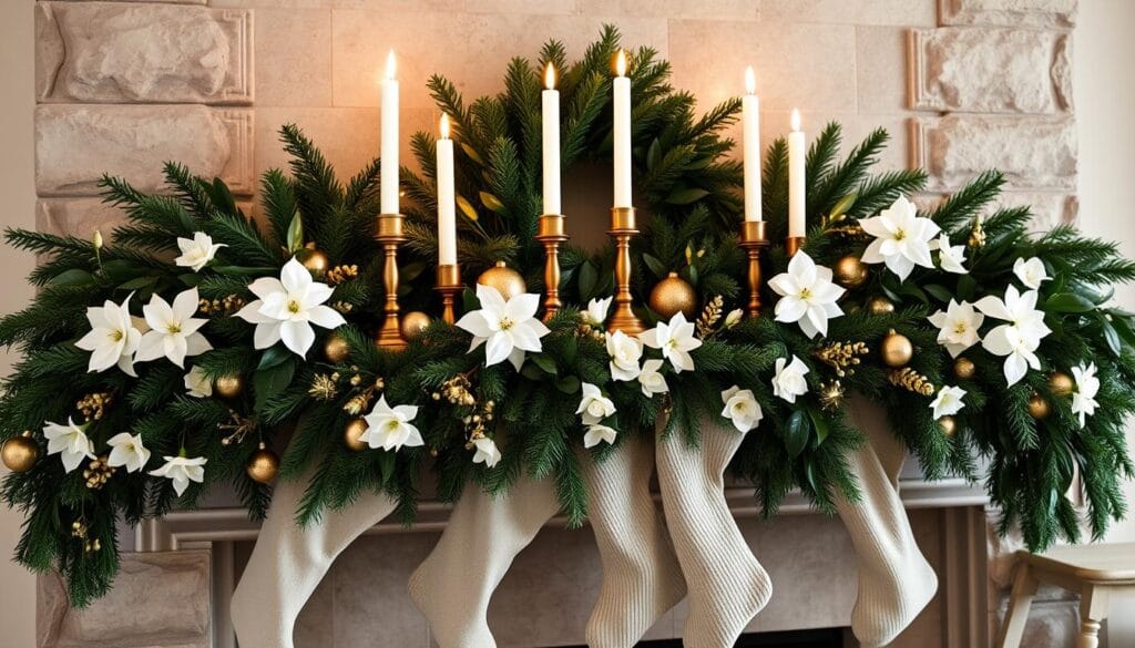 A cozy and elegant holiday mantel with lush garlands of fresh evergreens, delicate white poinsettias, and glimmering gold accents. Soft, warm lighting casts a gentle glow, creating a serene and inviting atmosphere. Tall, tapered candles flicker softly, their flames dancing amidst the greenery. Ornate gold candlesticks and vintage-inspired trinkets adorn the mantel, adding a touch of vintage charm. Subtly textured stockings in a neutral palette hang from the mantel, complementing the overall monochromatic color scheme. The mantel is framed by a grand, ornate fireplace, its stone facade adding depth and character to the scene. This stylish holiday vignette exudes sophistication and holiday cheer, perfectly capturing the essence of the "Living Room & Dining Room Decorating Ideas" section.