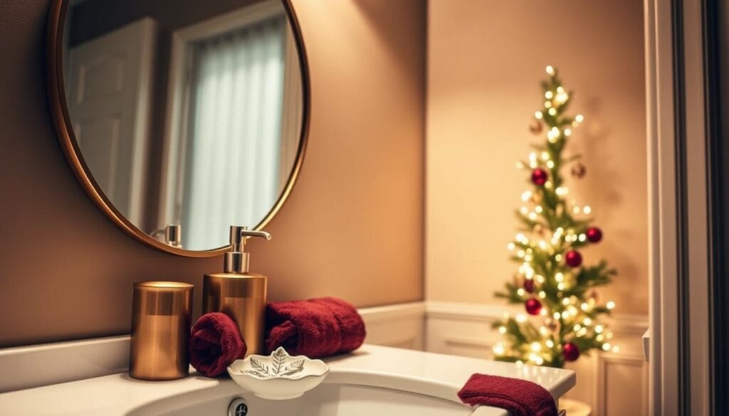 A cozy and festive bathroom scene, bathed in warm, soft lighting. On the vanity, a mix of elegant holiday accents: a brushed gold soap dispenser, a ceramic trinket dish with a frosty leaf design, and a plush hand towel in a rich burgundy. Hanging above, a simple yet striking round mirror with an intricate bronze frame. In the corner, a tall, slender Christmas tree adorned with twinkling lights and ornaments, its reflection visible in the mirror. The overall mood is one of refined sophistication, complementing the holiday spirit.