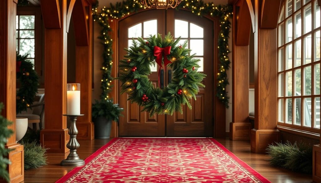 A cozy and festive entryway adorned with a lush evergreen wreath, its vibrant green foliage and twinkling lights evoking the warmth of the holiday season. In the foreground, a pair of matching candle holders flank the wreath, their flickering flames casting a soft, inviting glow. Underfoot, a plush red and green runner leads the way, its intricate pattern echoing the seasonal hues. Framing the scene, elegant wooden beams and a rustic wooden door create a charming, rustic ambiance, complemented by the gentle natural lighting streaming in from nearby windows. The overall composition exudes a sense of holiday cheer, welcoming visitors to step into the enchanting world beyond.