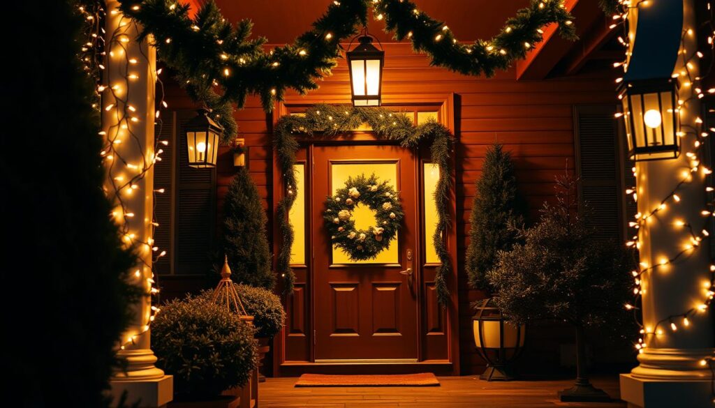 A cozy and festive front porch bathed in the warm glow of string lights and lanterns, with a welcoming entryway framed by lush greenery and a sparkling holiday wreath. The scene is shot at a low angle, capturing the inviting ambiance as if stepping through the door. Soft shadows dance across the wood-paneled walls, and the porch's elegant columns are adorned with twinkling fairy lights. The overall mood is one of holiday cheer and winter wonder, creating a striking first impression for guests.