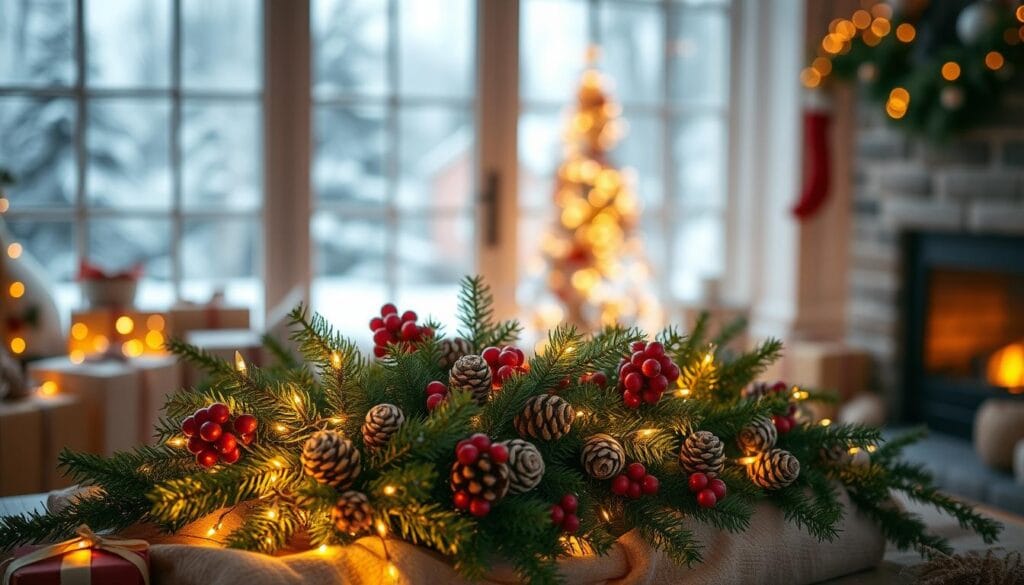 A cozy and festive holiday arrangement featuring a centerpiece of fresh pine branches, pinecones, and red berries, surrounded by twinkling string lights and a few wrapped gift boxes. The scene is illuminated by warm, soft lighting from a nearby fireplace, casting a golden glow and creating a inviting, hygge-inspired atmosphere. In the background, a blurred view of a snowy winter landscape visible through a large window, adding to the serene, seasonal ambiance. Captured with a shallow depth of field, the focal points draw the eye inward to the charming Christmas decor.