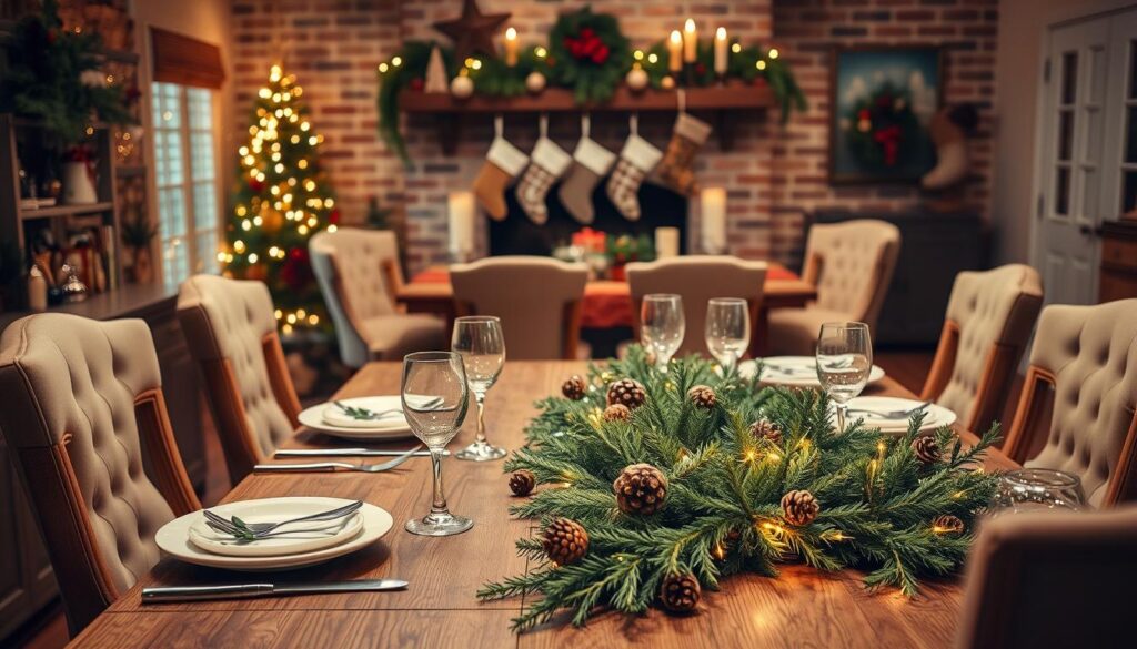 A cozy and festive kitchen dining scene, bathed in warm, soft lighting. In the foreground, a beautifully set table with a lush, green garland runner, adorned with twinkling lights, pine cones, and sprigs of holly. Mismatched vintage plates, silverware, and crystal glasses create an elegant, yet inviting display. In the middle ground, a large, wooden farmhouse table surrounded by plush, upholstered chairs, each with a Christmas stocking hung on the back. The background features a brick fireplace with a mantel decorated with more greenery, candles, and holiday trinkets. The overall atmosphere is one of comfort, joy, and holiday cheer.