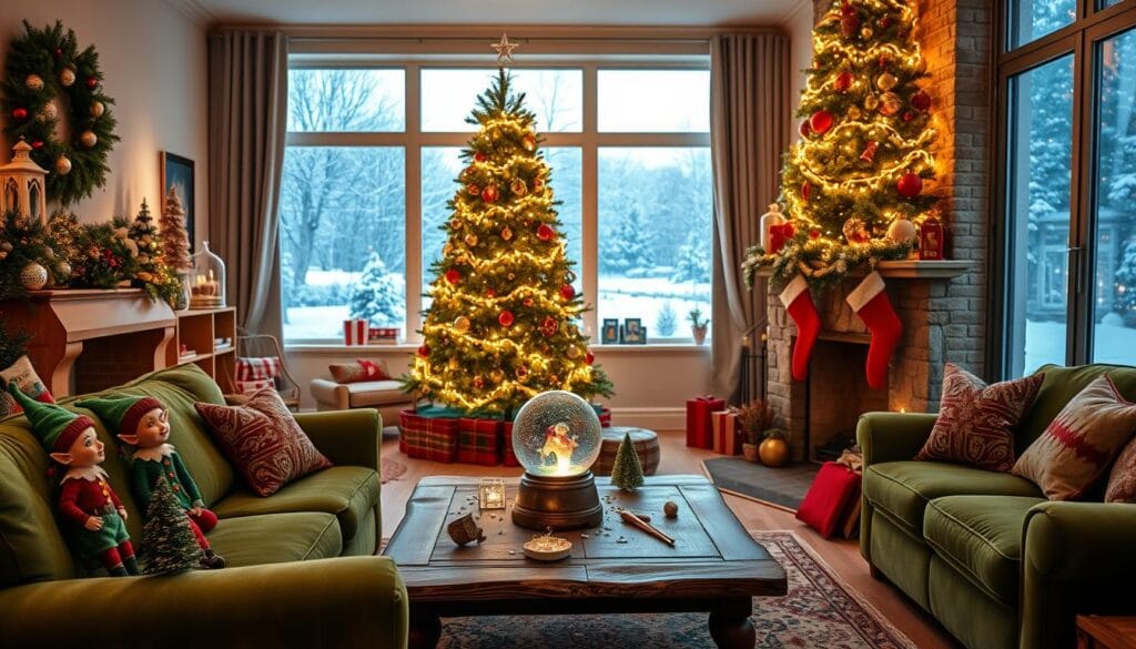 A cozy and festive living room, adorned with twinkling Elf movie-inspired decor. In the foreground, a plush green velvet sofa is flanked by whimsical elf figurines, their mischievous expressions bringing a touch of magic. On the mantelpiece, a towering Christmas tree is adorned with gleaming ornaments and twinkling fairy lights, casting a warm glow across the scene. The middle ground features a rustic wooden coffee table, topped with a cheerful snow globe and scattered Elf-themed trinkets. In the background, large windows offer a glimpse of a snowy winter wonderland, complementing the overall enchanting atmosphere.