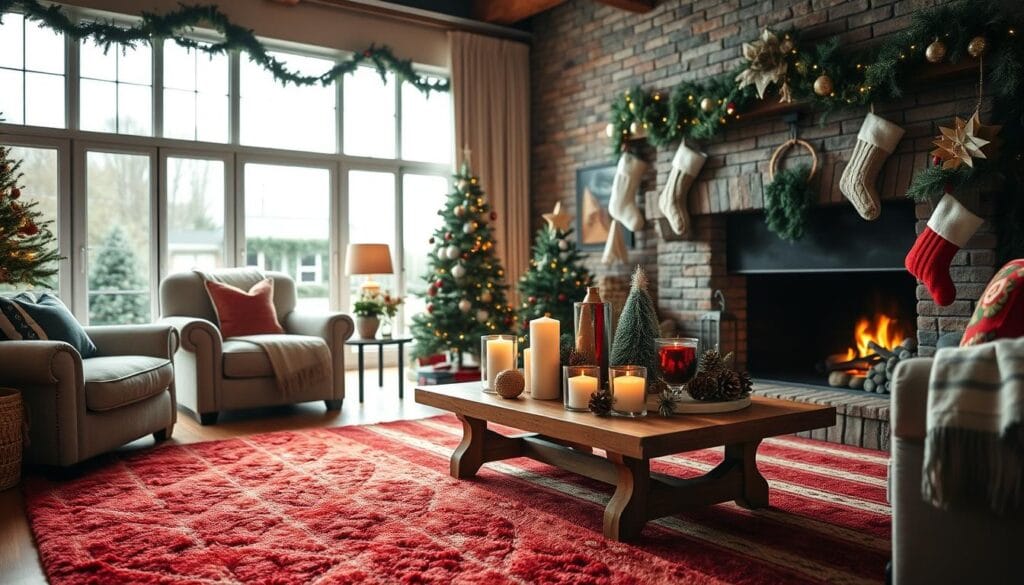 A cozy and festive living room with a large fireplace, adorned with garlands, stockings, and a crackling fire. In the foreground, a plush red and green striped rug, with a wooden coffee table showcasing a variety of seasonal decorations, such as candles, pinecones, and a small Christmas tree. The middle ground features a comfortable sofa and armchair, with throw pillows and a soft blanket in holiday-inspired patterns. The background is filled with large windows, allowing natural light to pour in, casting a warm glow on the scene. The overall atmosphere is one of warmth, coziness, and holiday cheer.
