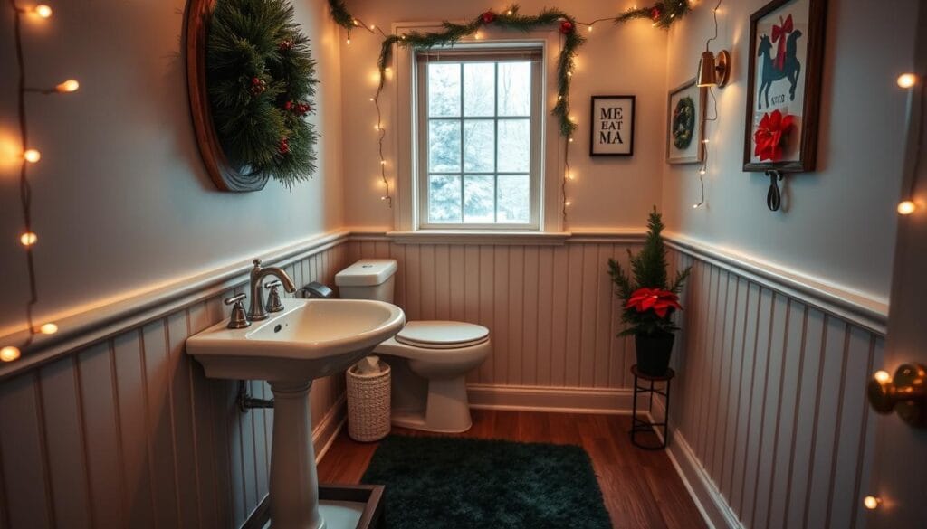 A cozy and festive powder room decor with a warm, inviting atmosphere. The foreground features a small vanity with a classic porcelain sink, accented by a rustic wooden frame. Atop the vanity, a lush evergreen wreath with red berries and pinecones. In the middle ground, a plush, forest-green bath rug complements the wainscoted walls. The background showcases a window with a snowy winter landscape outside, casting a soft, natural light into the space. Decorative string lights hang along the walls, creating a magical, twinkling ambiance. Minimalist holiday-themed artwork and a small potted poinsettia plant add festive touches to the room.