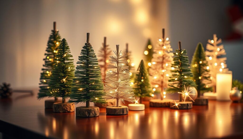 A cozy and festive tabletop scene, showcasing a cluster of miniature Christmas trees adorned with twinkling lights and delicate ornaments. The trees, crafted from natural materials like wood and greenery, stand upon a polished wooden surface, reflecting the warm glow of the lights. Soft, diffused lighting bathes the scene, creating a inviting and atmospheric ambiance. The composition is arranged in a visually balanced and visually pleasing manner, with the trees taking center stage and complemented by subtle holiday accents. The overall mood is one of holiday cheer, bringing a touch of festive charm to any living space.