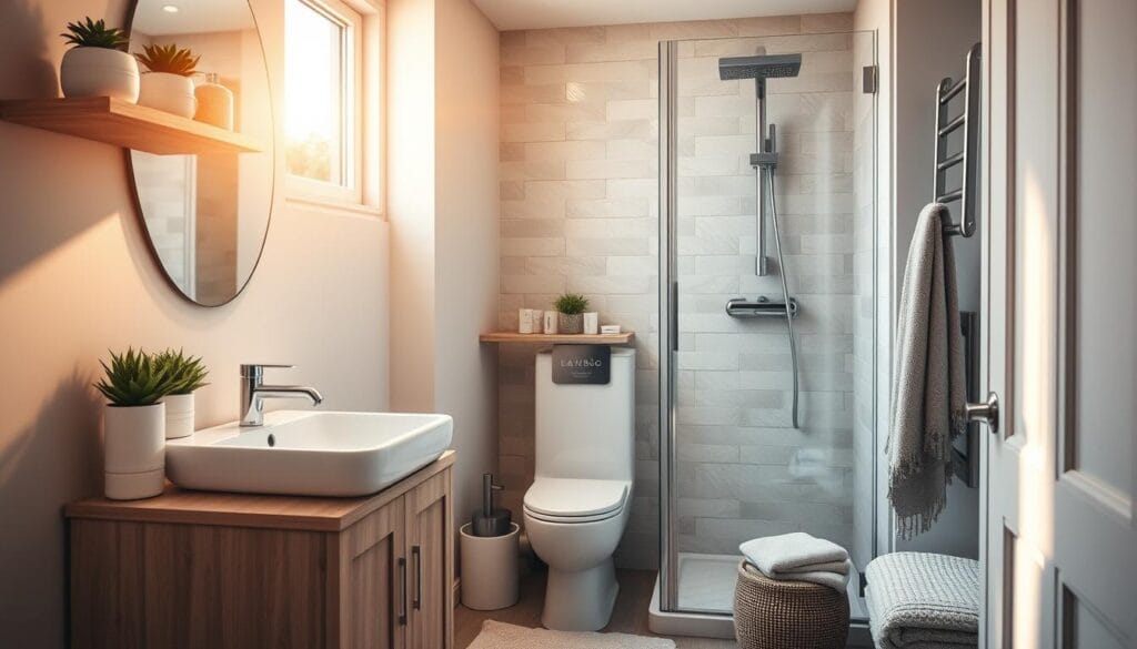 A cozy and functional small bathroom space, bathed in warm, natural lighting filtering through a large window. In the foreground, a freestanding vanity with a minimalist porcelain sink and sleek chrome fixtures. Floating shelves above display decorative plants and artisanal soaps. The middle ground features a compact, modern toilet tucked neatly into the corner. Behind, a rainfall showerhead is installed over a compact, tiled shower stall, with a glass enclosure creating an illusion of openness. The color palette is serene, with muted grays, whites, and natural wood tones complementing the overall calming ambiance. Soft textiles, like a plush bath mat and fluffy towels, add to the cozy, spa-like atmosphere.