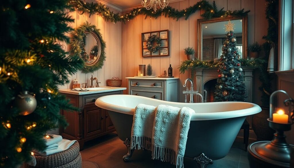 A cozy and inviting bathroom retreat, bathed in the warm glow of soft lighting. A plush, oversized towel draped over a vintage claw-foot tub, surrounded by lush evergreen garlands and twinkling string lights. In the corner, a small, fully-decorated Christmas tree casts a festive reflection in the mirror above the rustic vanity. Subtle, metallic accents and a crackling fireplace add to the intimate, hygge-inspired atmosphere. Wide-angle lens captures the harmonious blend of traditional and modern elements, creating a serene sanctuary perfect for unwinding during the holiday season.