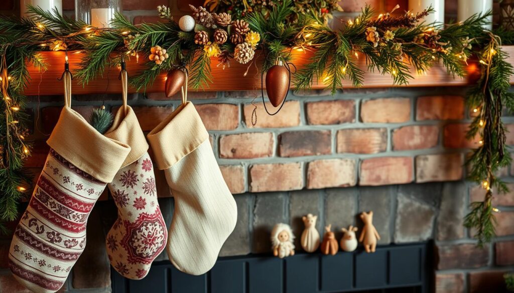 A cozy and inviting fireplace mantel adorned with an assortment of DIY decorations. In the foreground, handcrafted stockings with personalized patterns hang from rustic metal stocking holders. Intertwined garlands of evergreen and dried florals cascade gracefully across the mantel's surface, complemented by the warm glow of twinkling string lights. In the middle ground, a collection of textured, handmade ornaments and small wooden figurines add depth and character. The background features a brick fireplace surround, bathed in a soft, natural light that casts a gentle ambiance throughout the scene. An inviting, homemade atmosphere radiates from this fireplace mantel, capturing the essence of a personalized, holiday-inspired display.